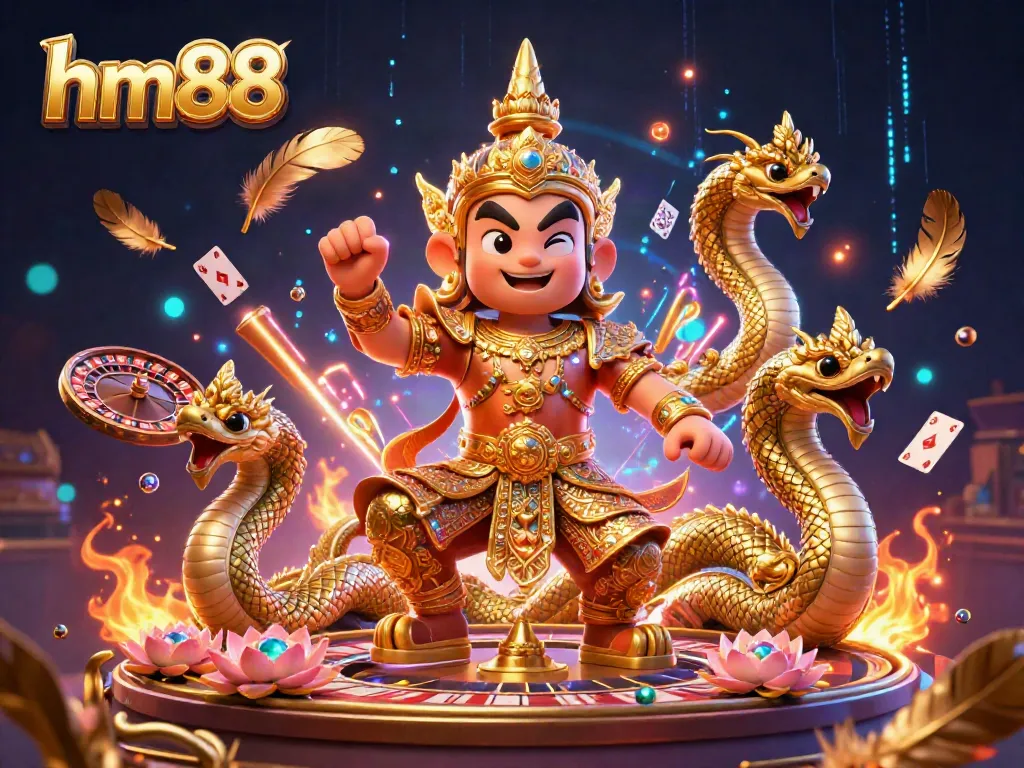 Engage in thrilling casino action with hm88, featuring a vibrant 3D scene of a guardian and Naga, alongside roulette and cards.