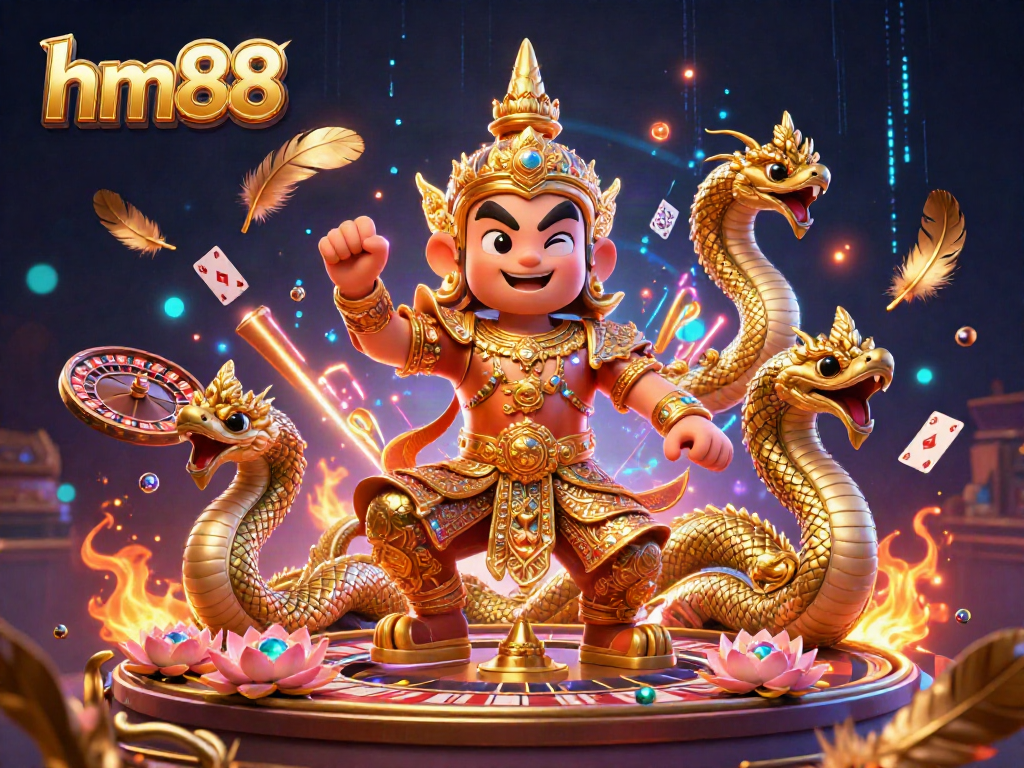Engage in thrilling casino action with hm88, featuring a vibrant 3D scene of a guardian and Naga, alongside roulette and cards.