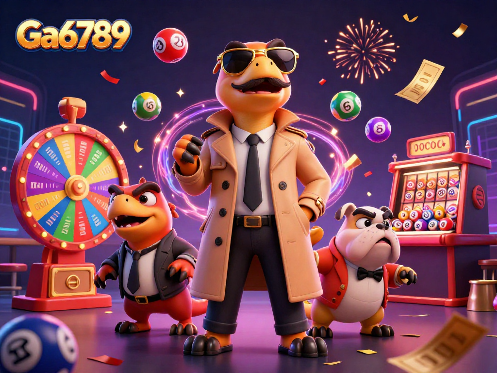 Gamblers enjoying the thrill of Ga6789 games with raptors and a bouncer in a vibrant casino setting.