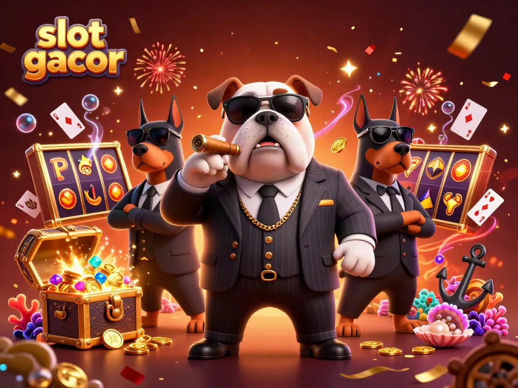 Experience thrilling play with slot gacor featuring a mafia boss bulldog amidst vibrant casino elements.