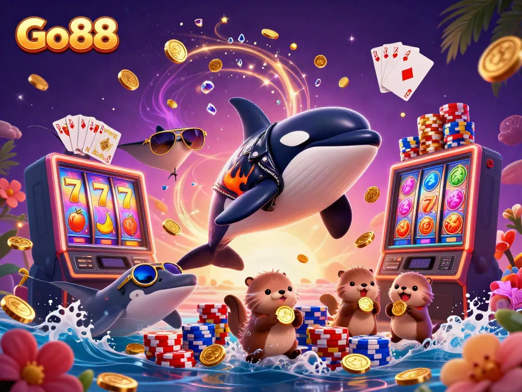 Experience the thrill of Go88 with an orca, stingray, and otters amidst casino treasures.