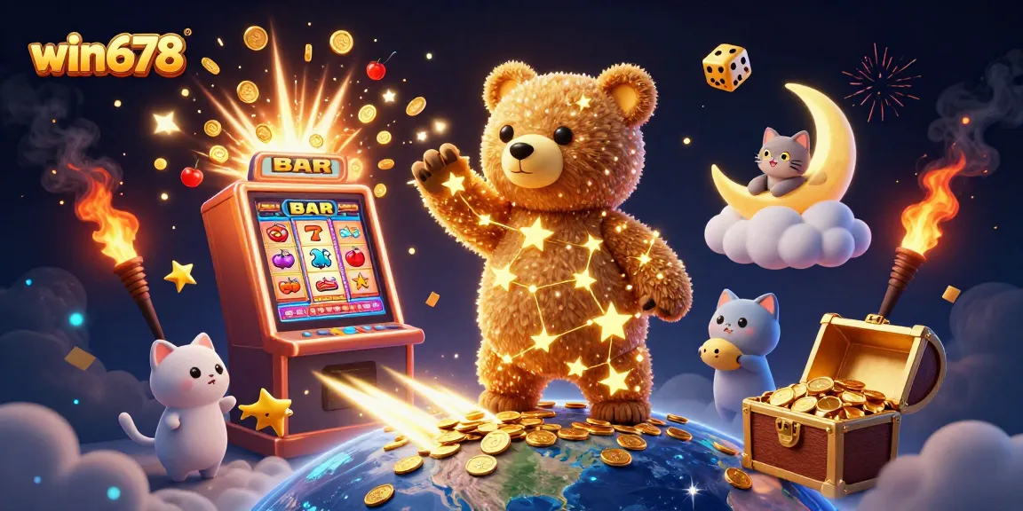 Experience thrilling wins at win678 with a vibrant scene of casino excitement featuring a constellation bear and jackpot elements.