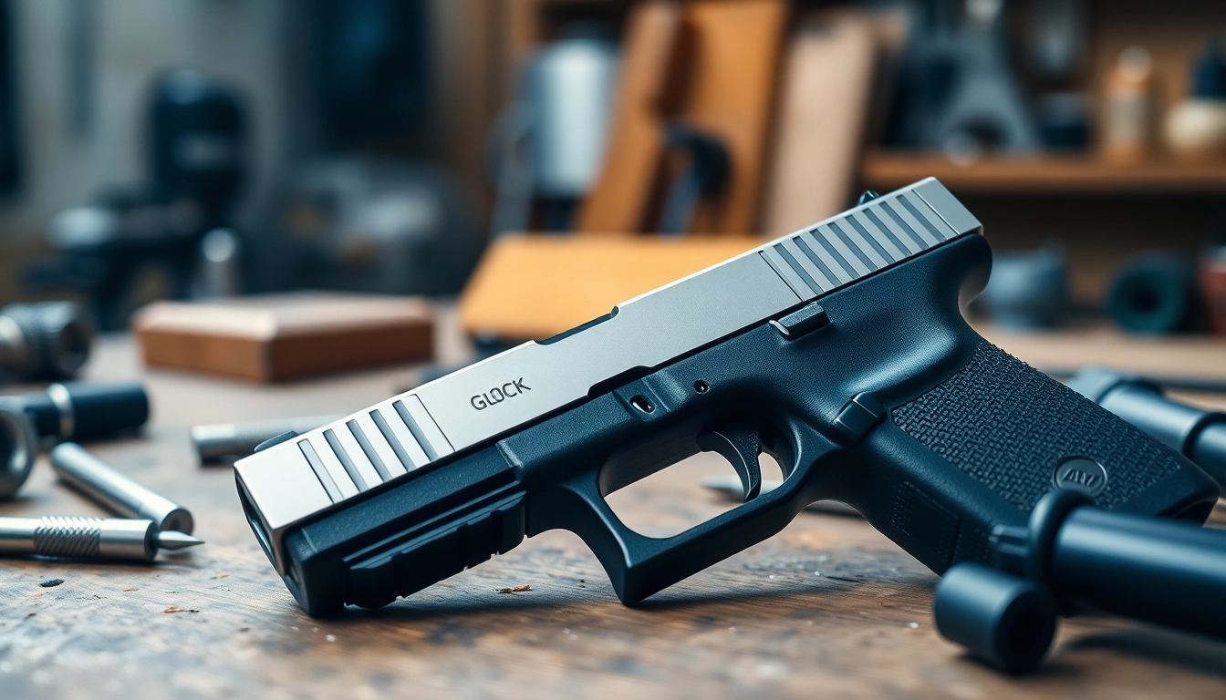 Inspecting glock 17 slides on a workbench with precision tools and soft ambient lighting.