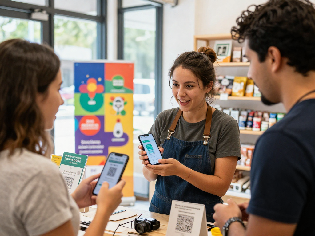 Loyalty app interaction in vibrant retail environment fostering customer engagement and rewards