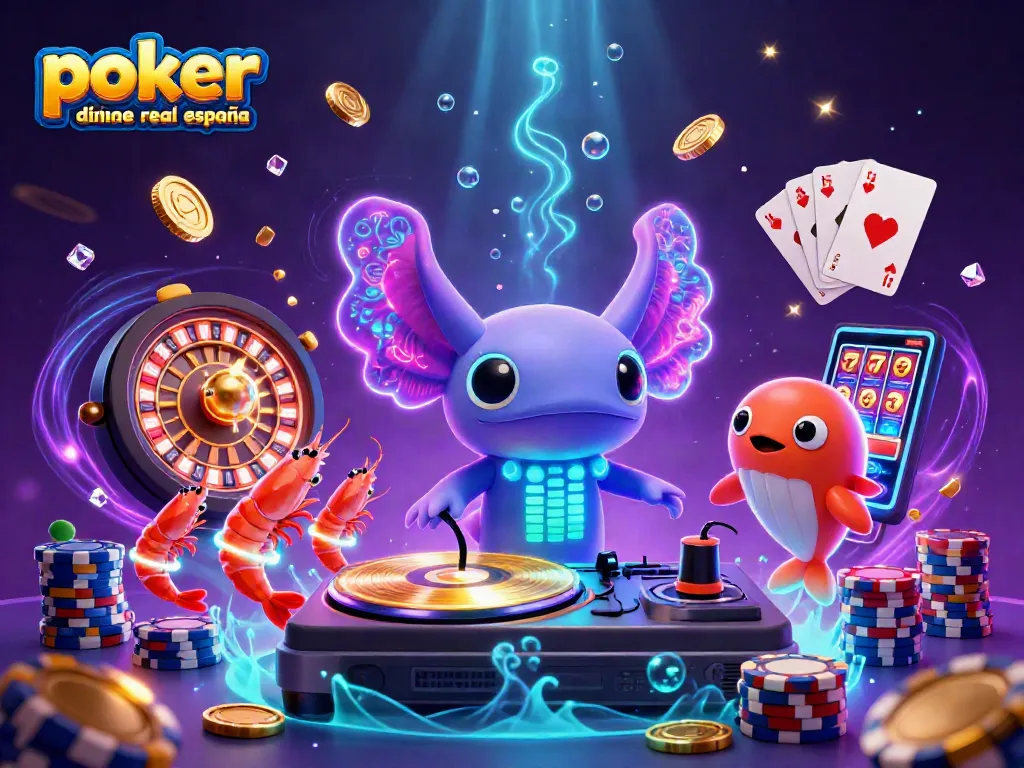 Póker online dinero real España en una ilustración vibrante de un DJ axolotl, dando vida al juego con coloridos elementos y diversión.