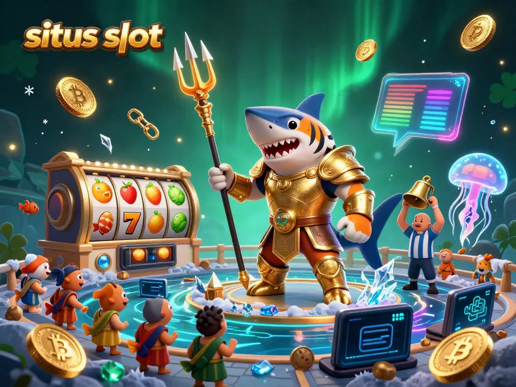 Engage with the thrilling situs slot arena featuring a gladiator shark and exciting slot symbols.