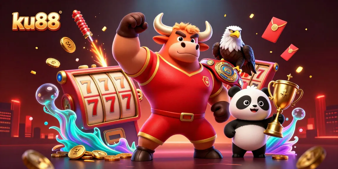 ku88 celebrates with lively gaming motifs, depicting a vibrant casino atmosphere with animated characters.