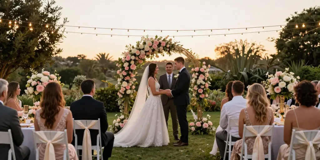 Stunning wedding setup showcasing event rentals including floral arch and elegant table settings.