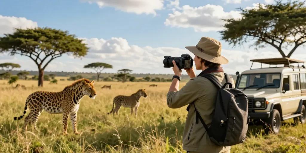 Traveler experiencing a guided safari tour with tour firms in Nairobi, surrounded by wildlife in lush greenery.