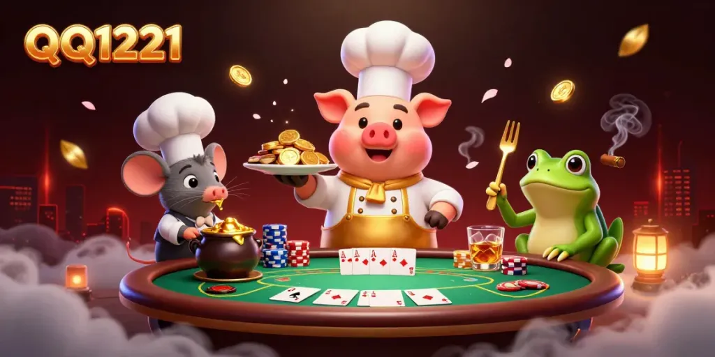Experience the excitement of QQ1221 with a chef pig serving gold coins amidst vigorous gambling elements.