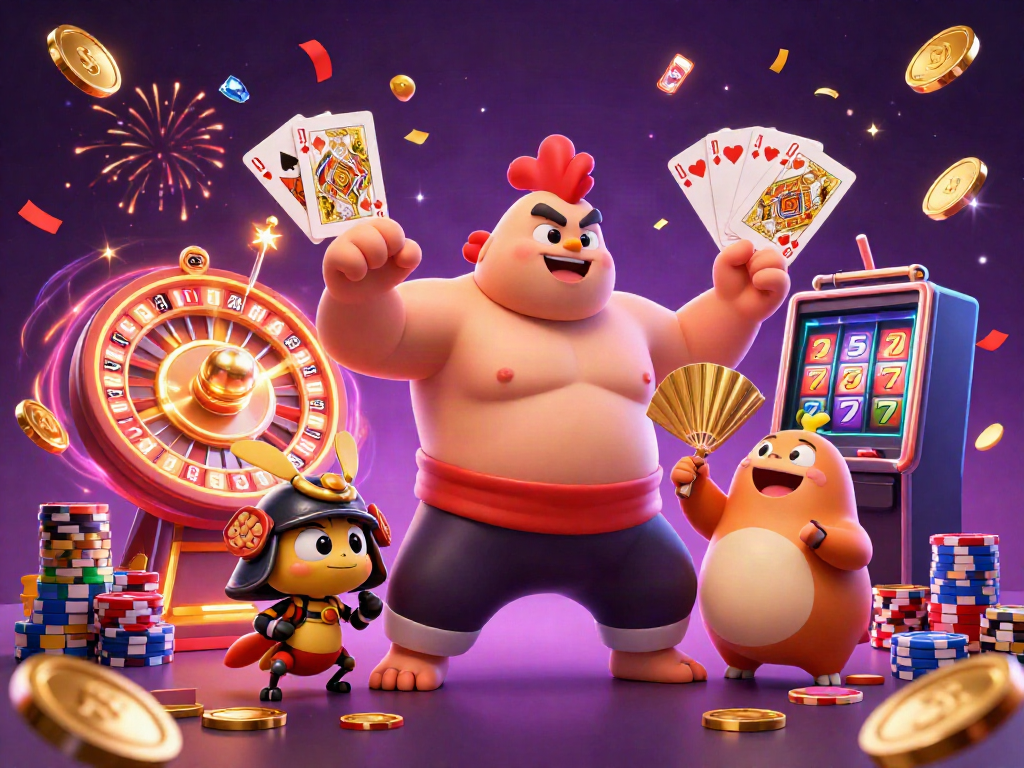 B52 club's cartoon rooster sumo wrestler stomps amid a vibrant casino scene filled with gold coins and sparkling gems.
