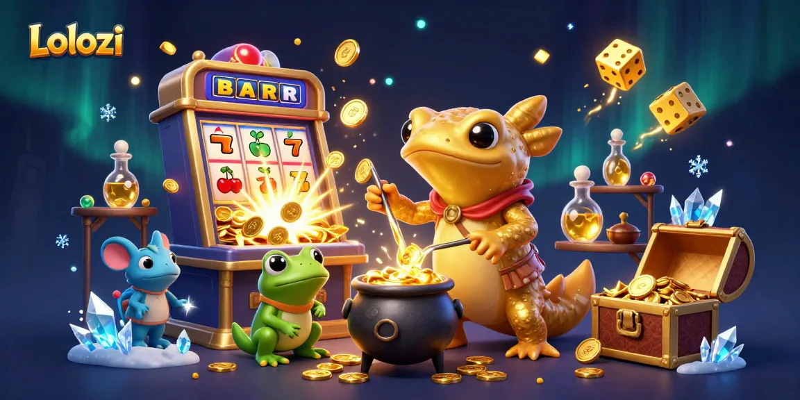 Lolozi showcases a magical scene of a golden salamander alchemist and friends celebrating a jackpot explosion.