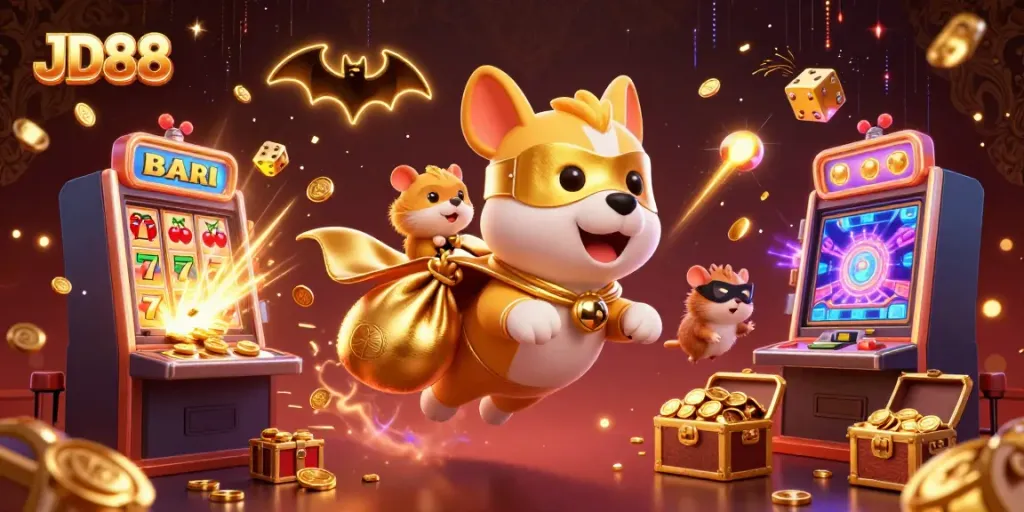 JD88 brings excitement with a 3D superhero dog flying, surrounded by casino elements.