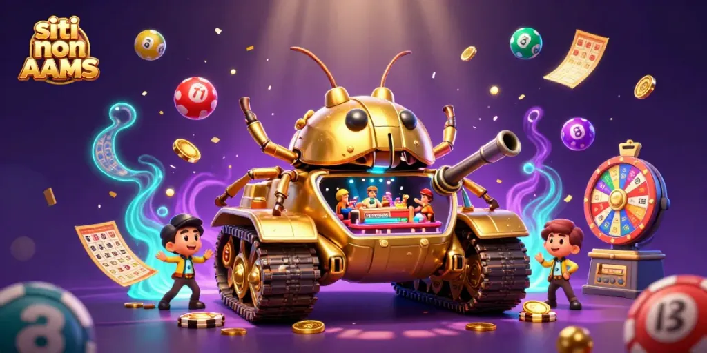 Scopri i migliori siti non AAMS con una vivace scena di casinò cartoon ricca di dettagli.