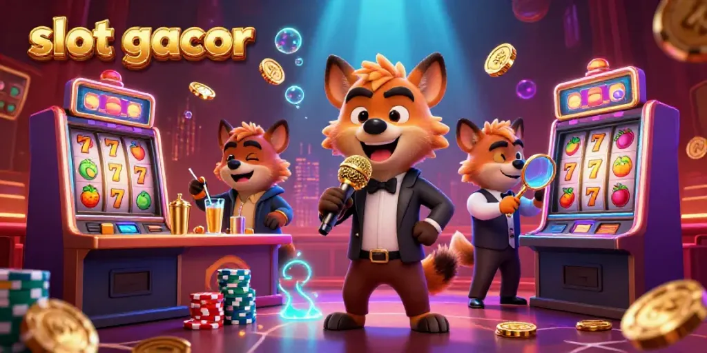 Experience the excitement of slot gacor in a vibrant casino scene featuring hyenas engaging in comedy and cocktails.
