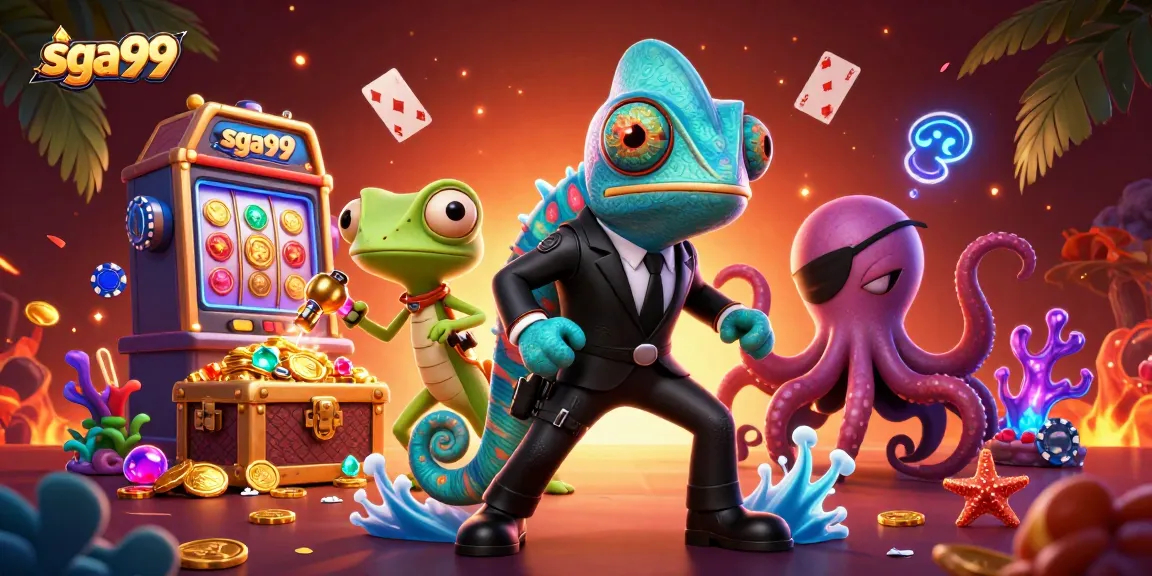 Sga99 players enjoy games with a secret agent chameleon and gadgets in a vibrant scene.