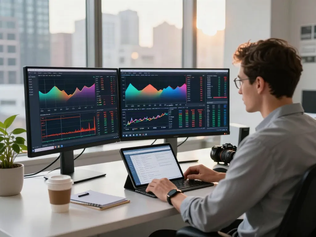 Trader using TradingView charts on multiple monitors in a modern workspace