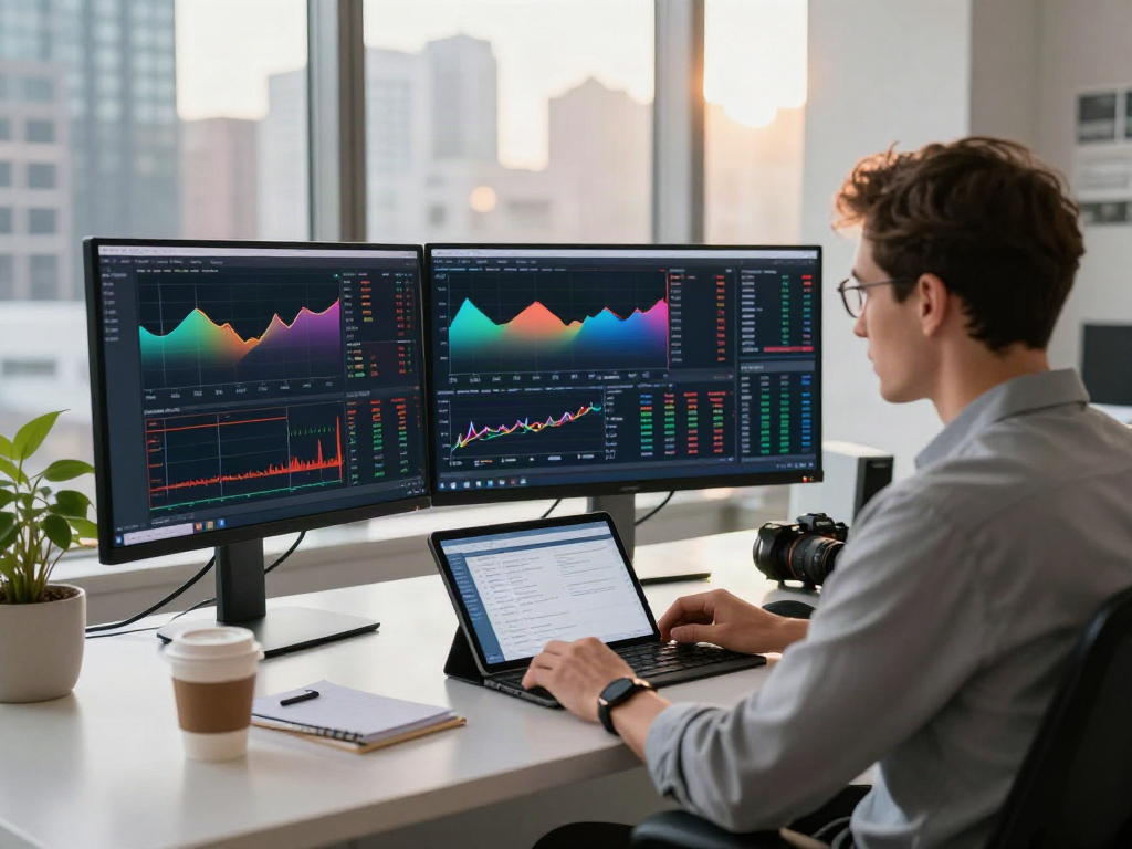 Trader using TradingView charts on multiple monitors in a modern workspace