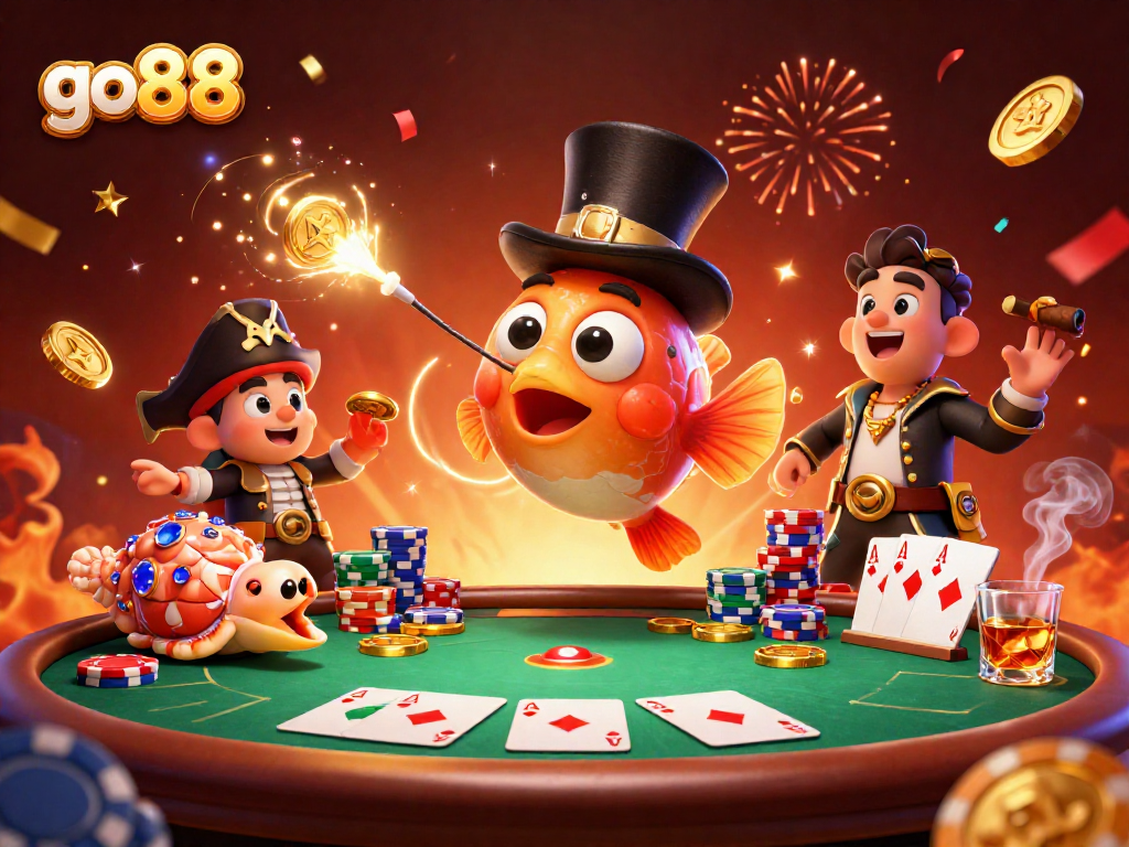 Engage with go88's thrilling casino action, featuring vibrant characters in a lively gaming scene.