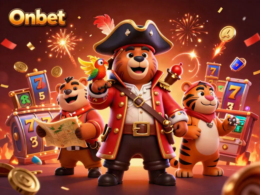 Join the exciting world of Onbet with cartoon characters celebrating a colorful casino scene.