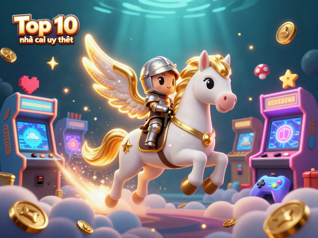 Experience the Top 10 nhà cái uy tín through a vibrant 3D casino scene filled with gaming elements.