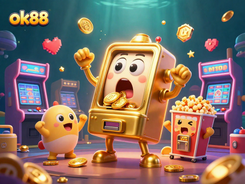 ok88 jackpot celebration with a golden slot machine and cheering baby slots