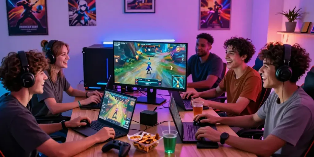 Kilat404 gaming session with friends enjoying diverse games and snacks in a vibrant atmosphere.