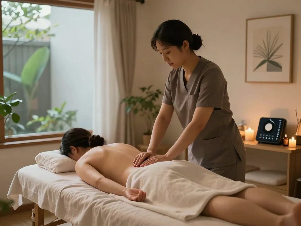 Indulge in 인천출장마사지 as a therapist provides a soothing massage in a serene home setting, surrounded by calming decor and soft lighting.
